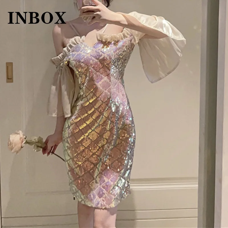 

Sparkly Sequin Clubbing Ruffle Wrap Wave Off Shoulder Sexy Mini Short Spaghetti Strap Drape Birthday Strapless Dress Woman