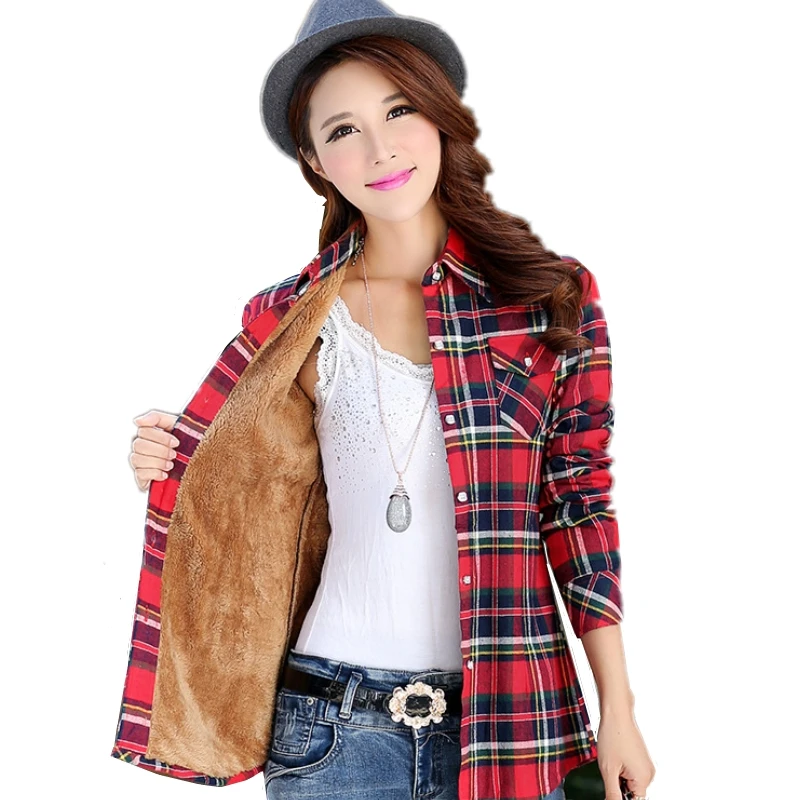 

Women's Oversized Velvet Warm Plaid Shirts Winter Checkered Blouse Slim Fit Two Pockets Shirts M-5XL Blusas Feminina Tops Mujer