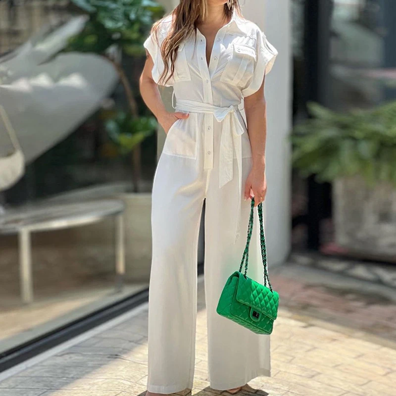 Women Fashion Pocket Design Belt Lace-up Long Jumpsuits Office Fashion Solid Playsuit Elegant Lapel Button-up Women's Jumpsuit
Women Fashion Pocket Design Belt Lace-up Long Jumpsuits Office Fashion Solid Playsuit Elegant Lapel Button-up Women's Jumpsuit