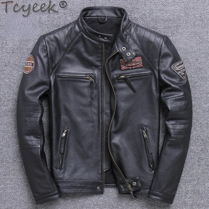 

Leather Genuine Jacket Men Natural Cowhide Coat Spring Men's Motorcycle Biker Stand Collar Short Chaquetas Hombre Tide