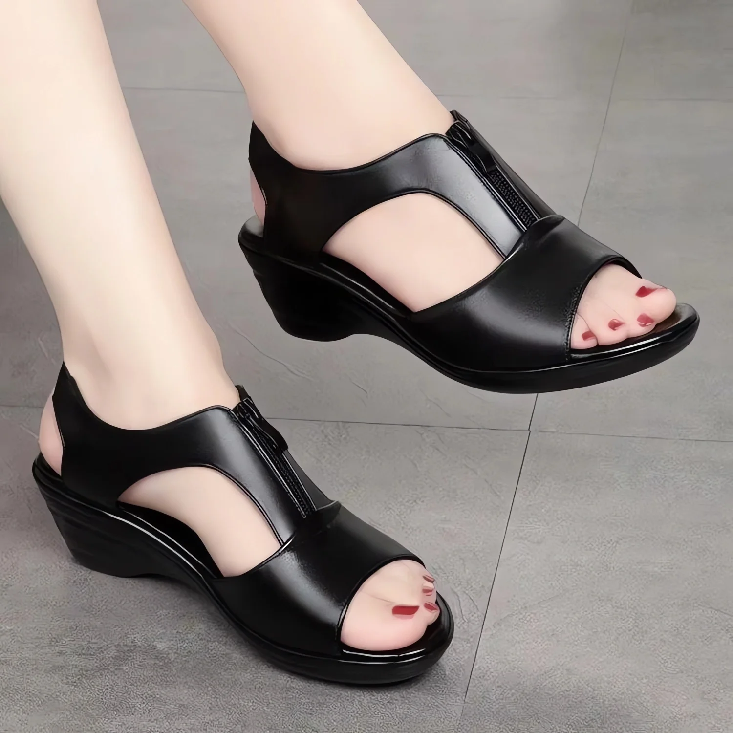 

2024 Summer New Simple and Comfortable Women's Shoes Wedge Soft Sandals Plus Size Zipper Casual Flat Roman Women Mid-heel Shoes