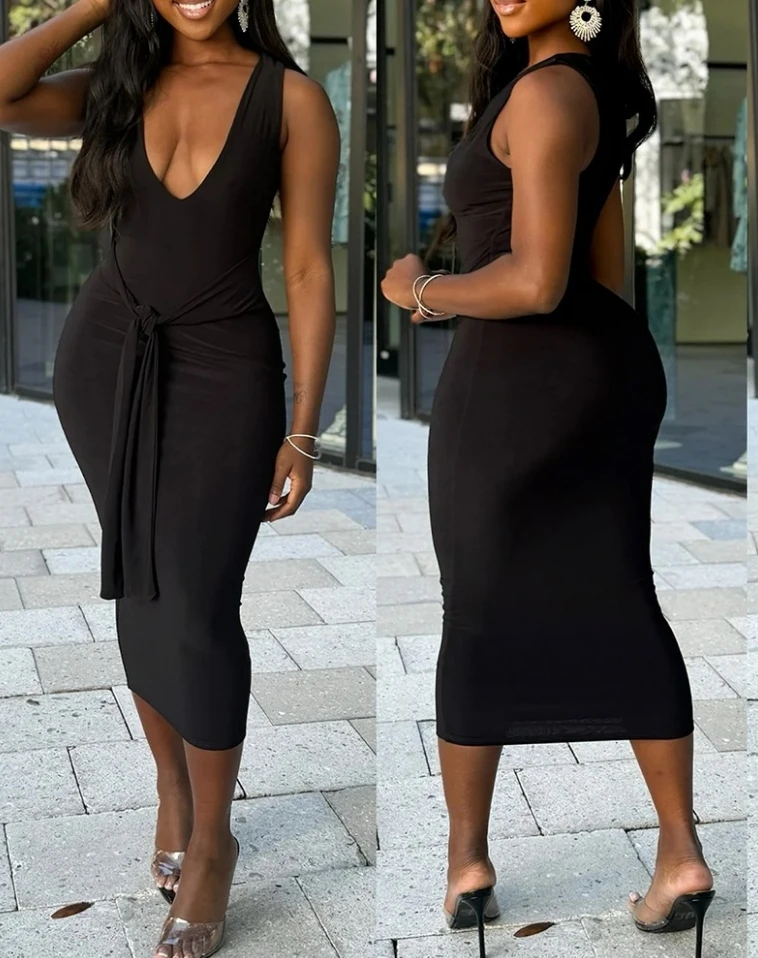 

Women Dress 2024 Summer Elegant Commuting Casual Solid Color Pullover U Neck Sleeveless Tie Details Tight Fit Midi Dress