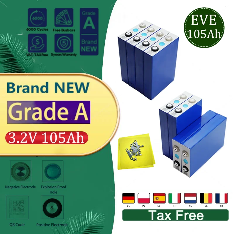 EVE 3.2V 105AH LiFePO4 Battery Grade A Rechargeable Cell With Free Busbars For Solar Energy DIY 12V 24V 48V Lithium Battery Pack
EVE 3.2V 105AH LiFePO4 Battery Grade A Rechargeable Cell With Free Busbars For Solar Energy DIY 12V 24V 48V Lithium Battery Pack
