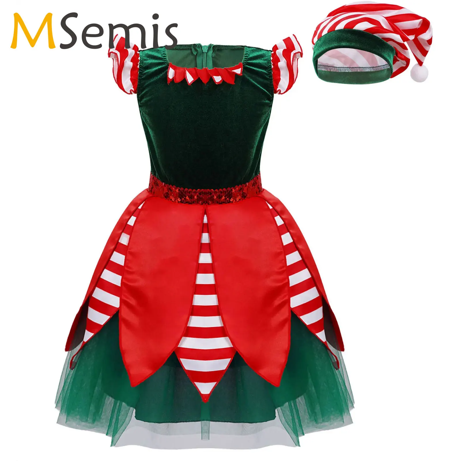 

Toddler Kids Girls Sequin Elf Costume Christmas Santas Clause Fancy Party Ballet Tutu Dress With Hat New Year Carnival Dress Up
