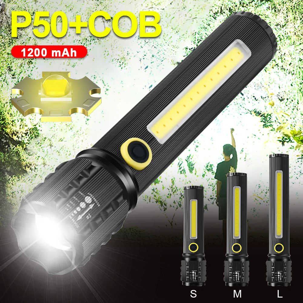 Portable P50+COB 13LED Flashlight Powerful 10W S/M/L Aluminum Alloy Flashlight USB Rechargeable Torch built-in 18650 Battery
Portable P50+COB 13LED Flashlight Powerful 10W S/M/L Aluminum Alloy Flashlight USB Rechargeable Torch built-in 18650 Battery