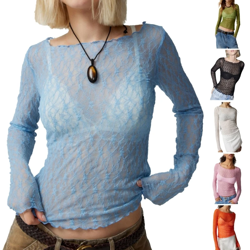 

Womens Mesh Sheer Long Sleeve Layering Top Crewneck Lace See Through Shirt Tops Dropship