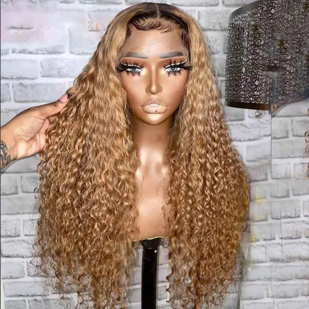

Soft Glueless 26“Long Kinky Curly Ombre Honey blonde 180% Density 27 Lace Front Wig With Baby Hair For Women Natural Hairline