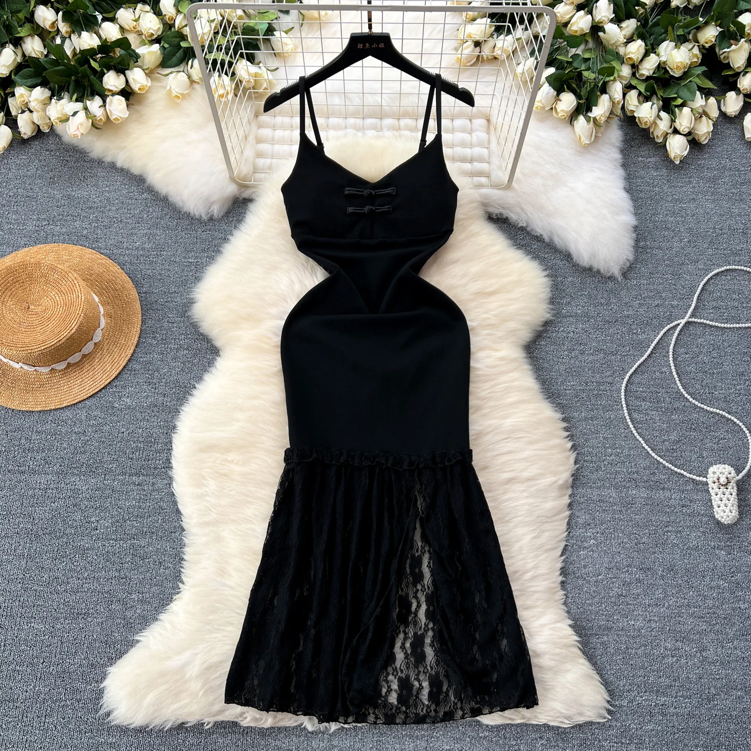 

Женское кружевное платье-комбинация, элегантное привлекательное лоскутное платье-трапеция с открытой спиной и высокой талией, милое летнее пляжное платье с юбкой-годе