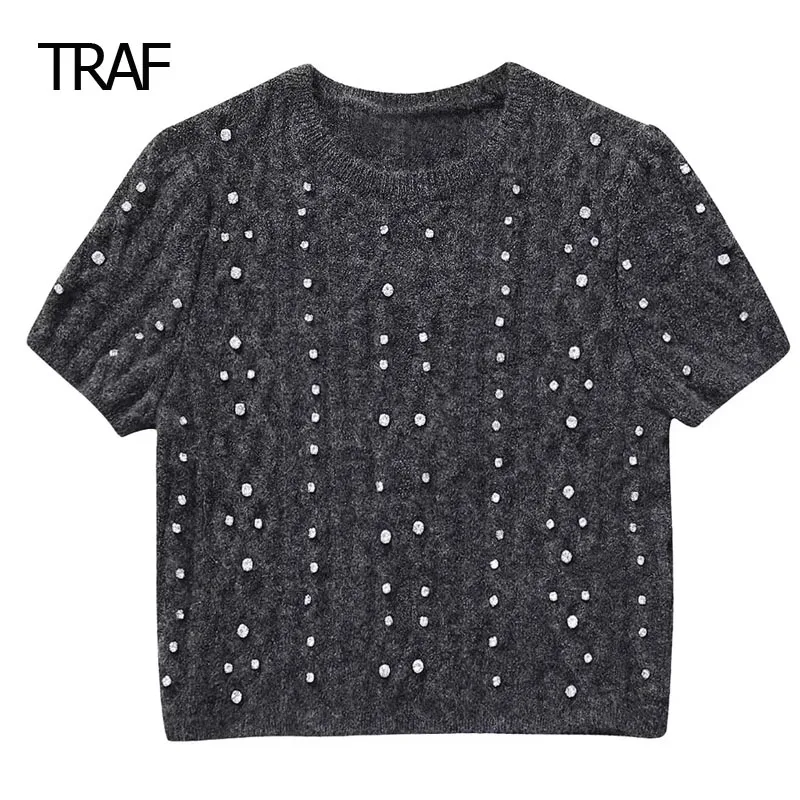 

TRAF Rhinestones Textured Sweater Women's Sweater Winter Crop Knitted O-Neck Pullover Short Sleeves Top Korean Style Knitwear