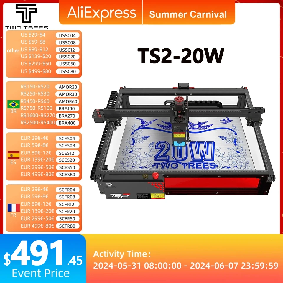 Twotrees TS2 Laser Engraver 20W Laser Cutter Auto Focus Laser Engraving Machine for Wood Metal Support Offline Control
Twotrees TS2 Laser Engraver 20W Laser Cutter Auto Focus Laser Engraving Machine for Wood Metal Support Offline Control