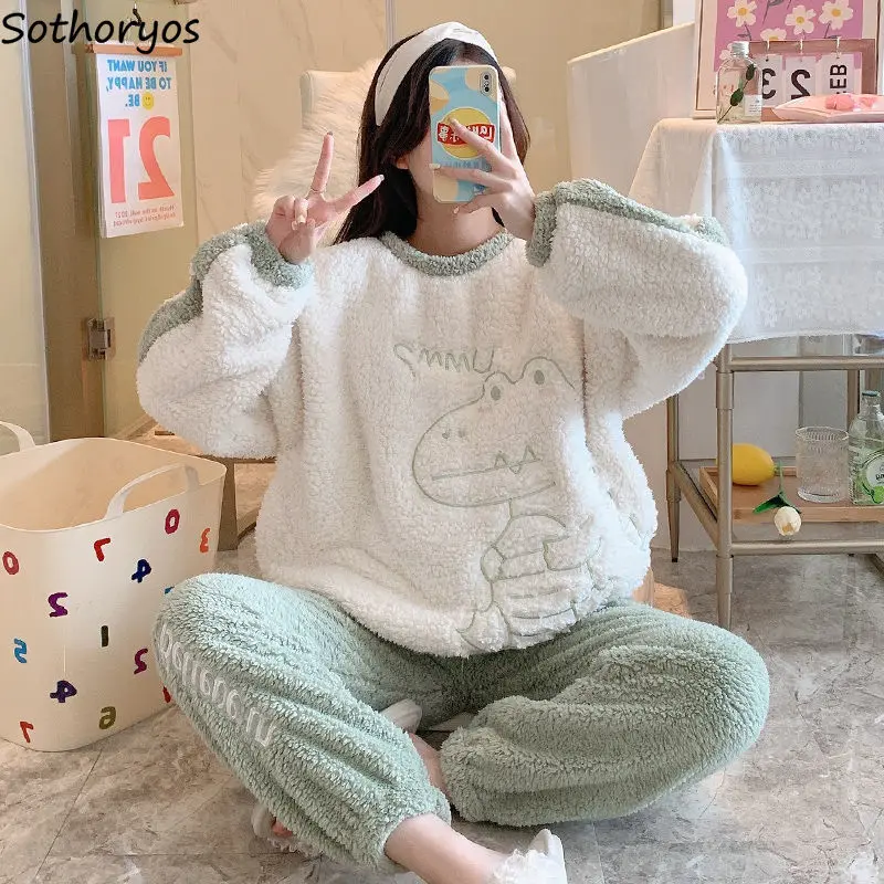 

Зимние теплые пижамные комплекты, женские утепленные мягкие свободные пижамы с круглым вырезом в Корейском стиле для домашних студентов, милая одежда для сна, универсальная, шикарная