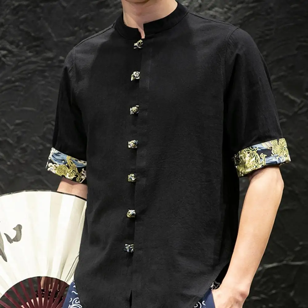 

Patterned Cuff Top Chinese Style Stand Collar Men's Spring Shirt with Printed Cuff Single-breasted Knot Buttons Solid Color Mid