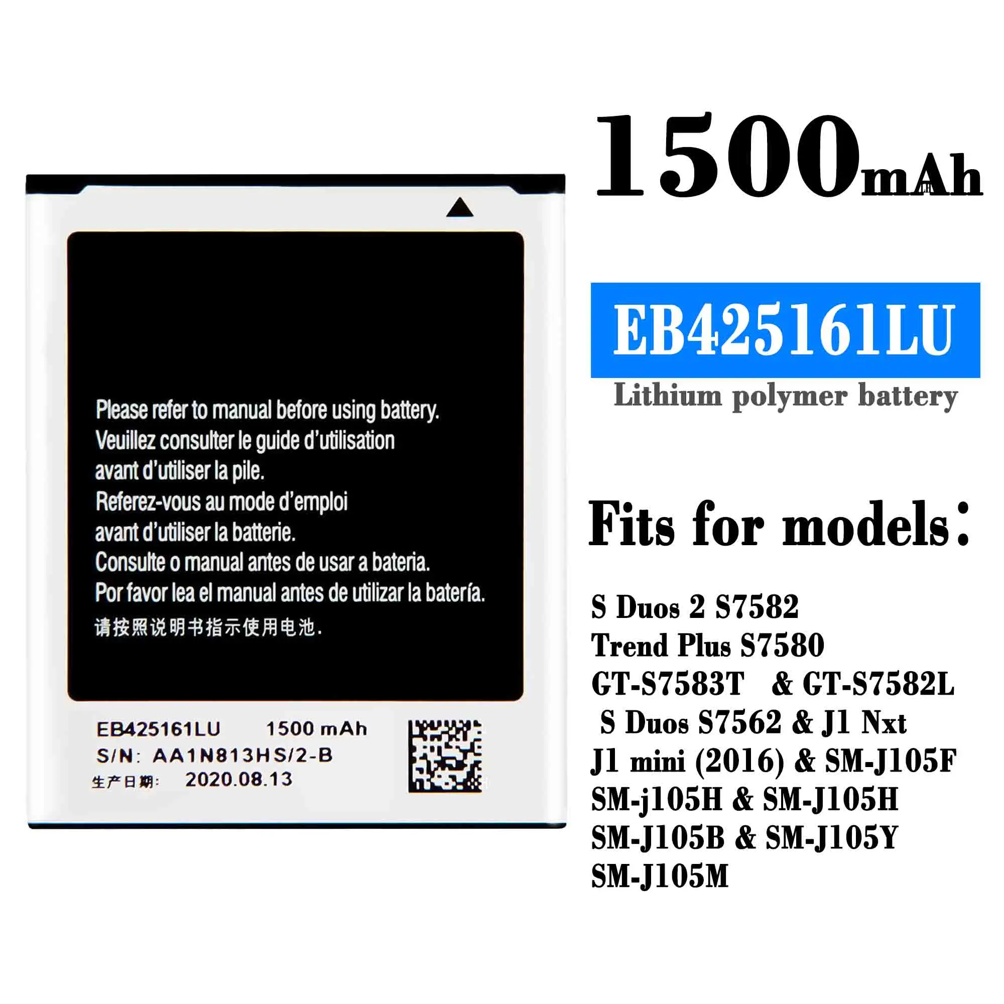 Новый аккумулятор EB425161LU для Samsung J1 Mini Prime SM-J106F S7562 S7560 S7566 S7568 S7572 S7580 i8190 I8160 S7582
Новый аккумулятор EB425161LU для Samsung J1 Mini Prime SM-J106F S7562 S7560 S7566 S7568 S7572 S7580 i8190 I8160 S7582