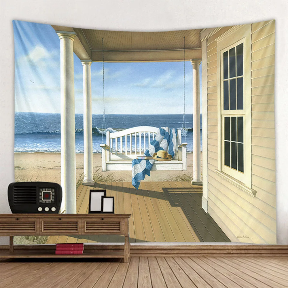 

Outside the window, sea view tapestry, wall hanging, imitation window art home wall decoration, room polyester fabric decoration