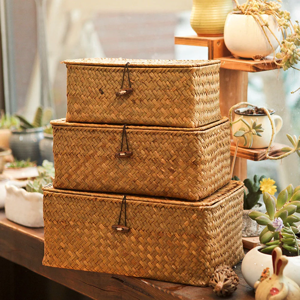 

Плетеная корзина с крышкой, стандартная прямоугольная коробка из ротанга, штабелируемые коробки для хранения, органайзер для макияжа, контейнер