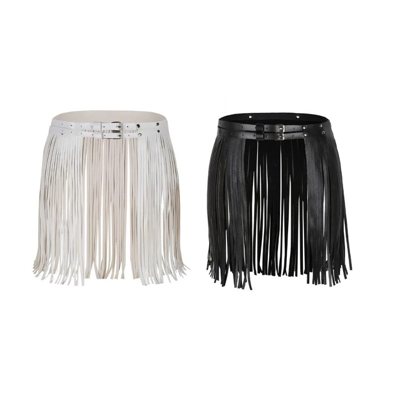 

Womens Punk PU Leather Fringed Tassels Skirt Double Buckled Wide Waist Belt Waistband Skirts Party Latin Dance drop shipping