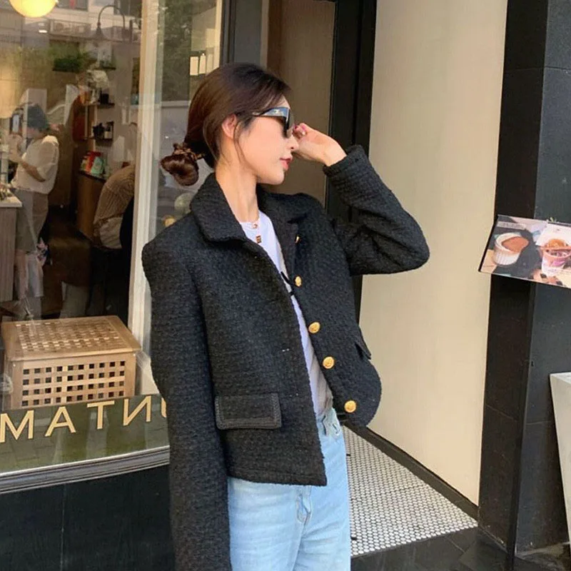 Vintage Woollen Cropped Jackets Korean Elegant Tweed Coats Autumn Lapel Slim Casual Office Lady Single Breasted Black Outerwear 5 Mallzona S8121e181b23c4317b206e13936eca472R Vintage Woollen Cropped Jackets Korean Elegant Tweed Coats Autumn Lapel Slim Casual Office Lady Single Breasted Black Outerwear Mallzona