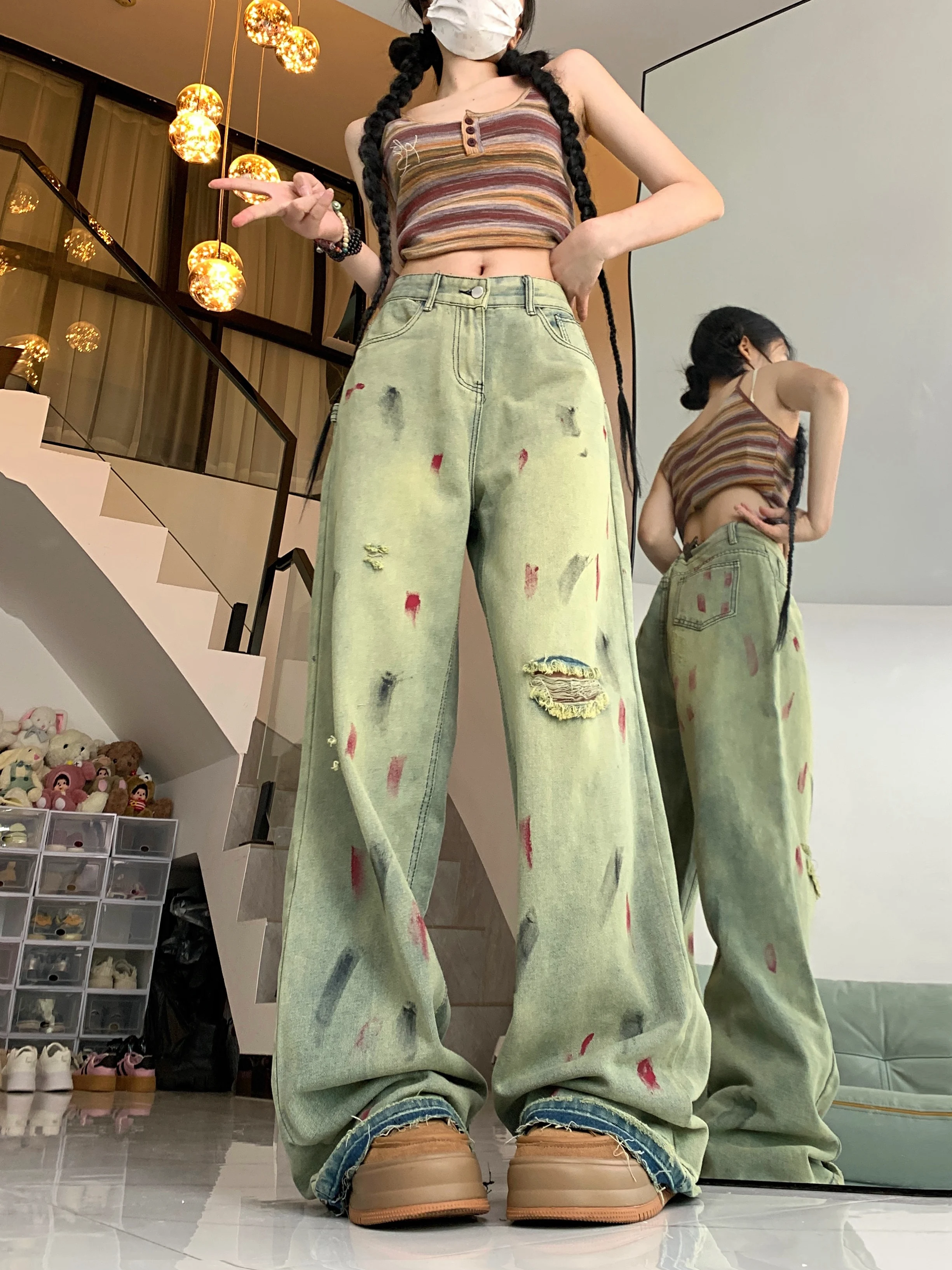 

2024 Women Vintage Blue Ripped Jeans Baggy High Waist Cowboy Pants Harajuku Straight Denim Trousers 90s Y2k Trashy 2000s Clothes