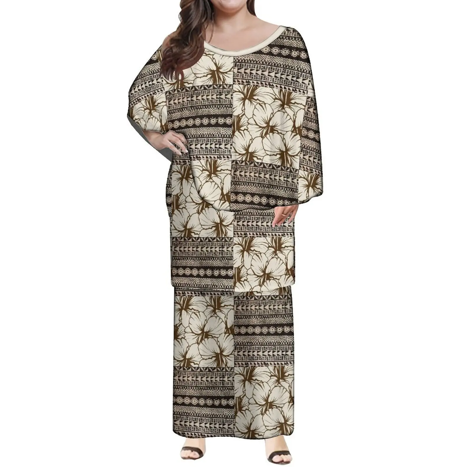 

2024 Women'S Cape Sleeve Dress Polynesian Tribe Puletasi Top And Maxi Dress Play Samoan Elegant Dress Suit