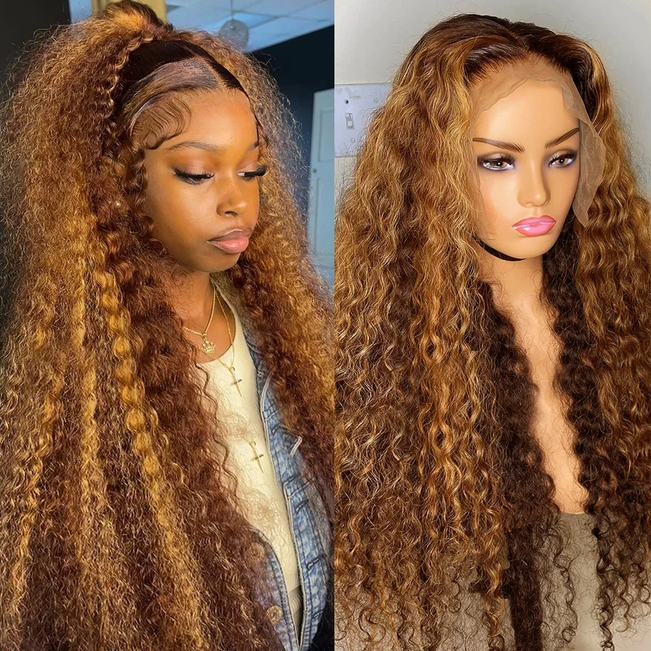 

180 Density 30 Inch Highlight Honey Brown Curly Lace Front Human Hair Wigs 13x4 13x6 Ombre Colored Deep Water Wave Frontal Wigs
