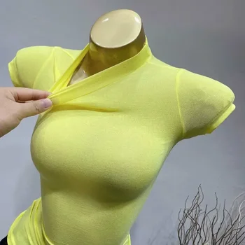 여성용 섹시한 베이스 슬림 티셔츠, 모크넥, 하이 스트레치 탑, 큰 가슴, 반팔, 단색, 얇은 시스루 티셔츠, 가을 도매