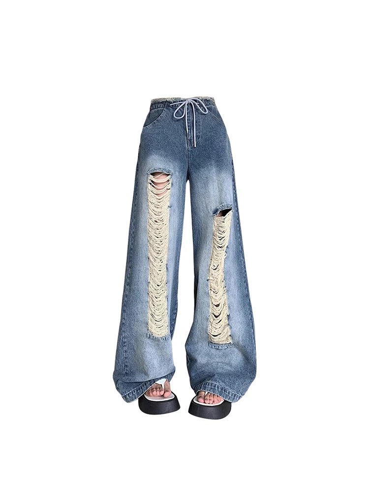 

Женские винтажные рваные джинсы с высокой талией, джинсовые брюки в Корейском стиле с широкими штанинами в стиле 90-х, ярко-синие прямые брюки, лето