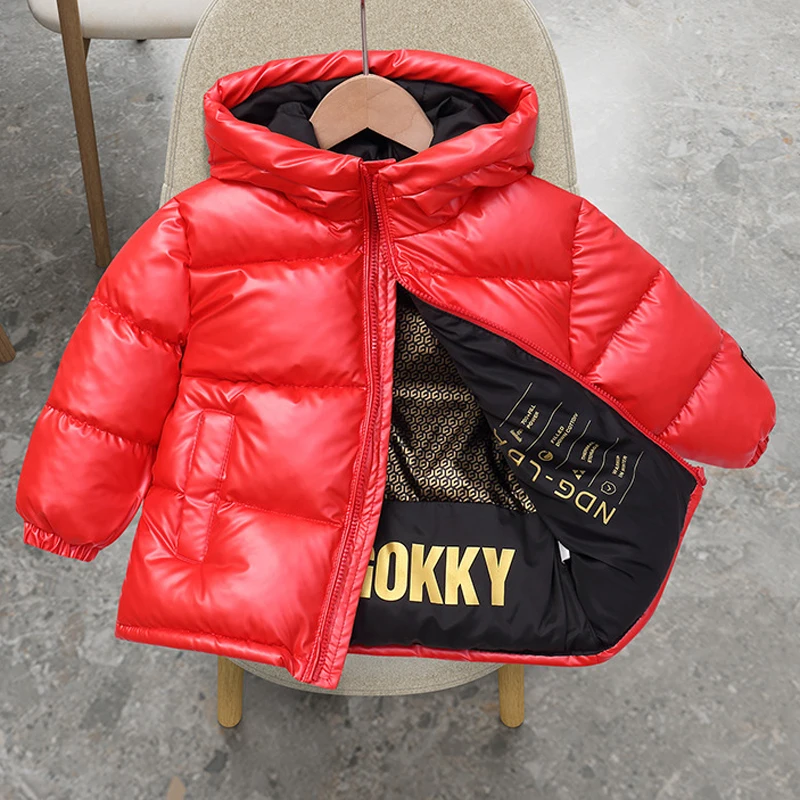 

Boys Girls Jacket Winter Solid Color Glossy Waterproof Thicken Keep Warm Hooded Bread Jacket For 3-14Y Fashion Leisure Outerwer