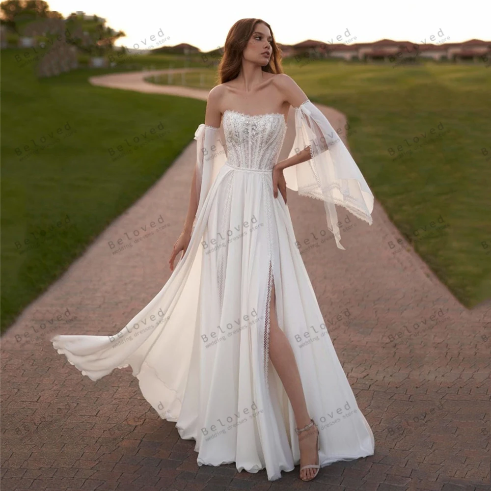 

Bohemia Wedding Dresses A-Line Chiffon Bridal Gowns Flare Sleeves Robes For Formal Party Boat Neck Graceful Vestidos De Novia
