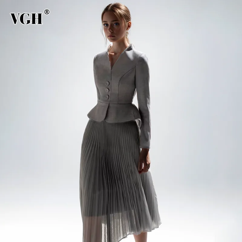 

VGH Solid Two Piece Sets For Women V Neck Long Sleeve Spliced Button Blazers High Waist Skirts Temperament Set Female Fashion