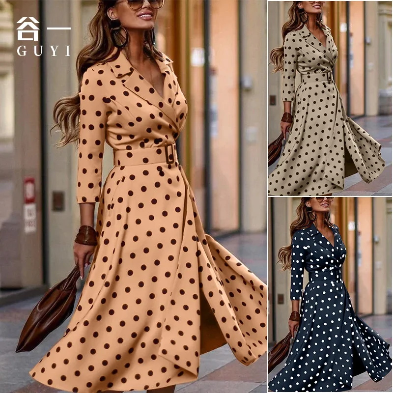 

2022 Y2K Spring Autumn Women's Elegant Dress Fashion V-Neck Polka Dot Print Three-Quarter Sleeve Lace-Up Slit Midi Dress Vestido