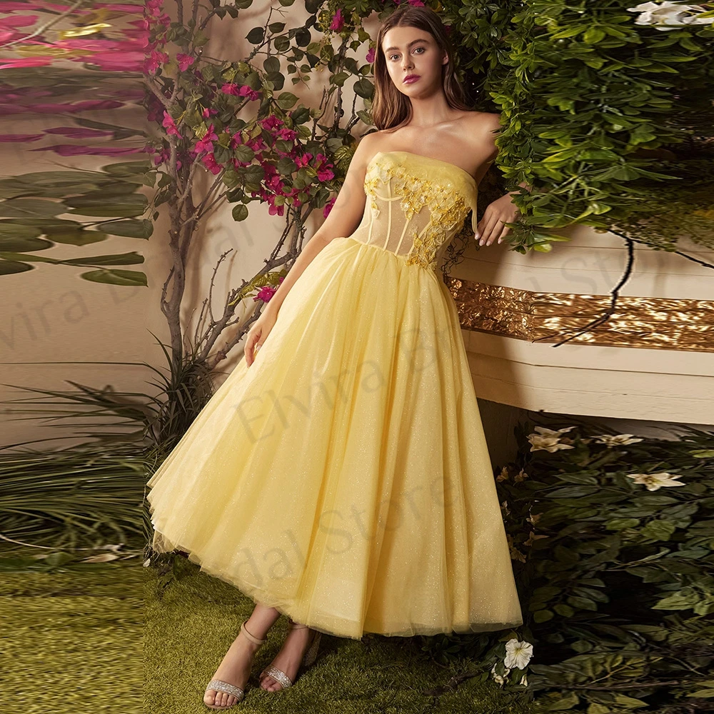 

Elegant A-Line Yellow Homecoming Dresses Ankle Length Women Tulle Backless Sleeveless Strapless Lace-Up Applique Sequins Beads