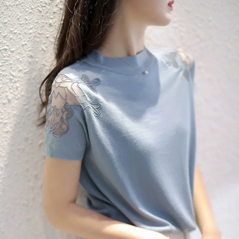 Trend T-shirts Short Sleeve Mock Neck Summer Beach Lace Women Casual Fashion Regular Tshirt Top Lady Knitting Tee 2024 S97
Trend T-shirts Short Sleeve Mock Neck Summer Beach Lace Women Casual Fashion Regular Tshirt Top Lady Knitting Tee 2024 S97