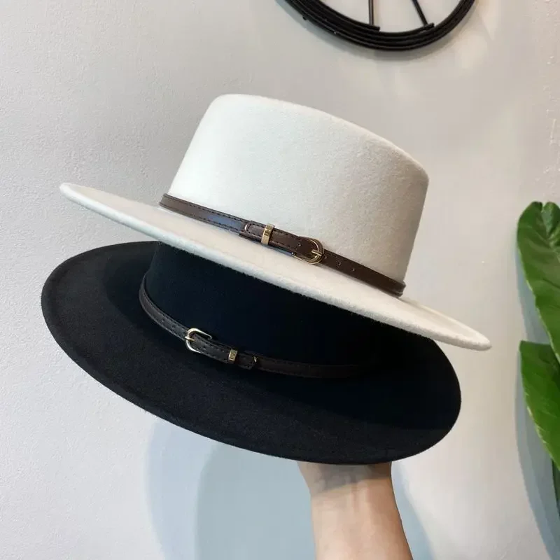 

Women Fedora Hat Wide Brim Wool Felt Jazz Cap Panama Hat with Belt Autumn Winter Fashion