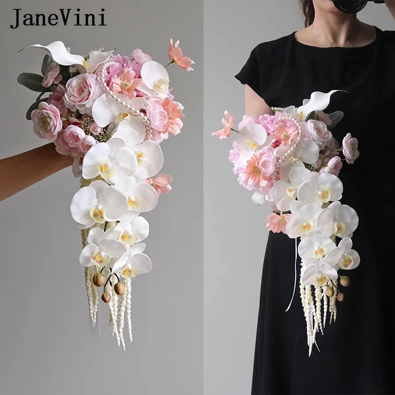 

JaneVini New Pink White Cascading Bridal Bouquet Fall Bride Flowers Artificial Pearl Waterfall Wedding Bouquets Charm Flor 2024