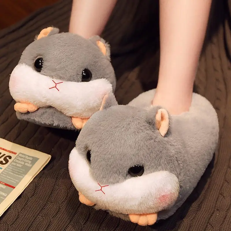 

2024 Animal Slip On Loafer Slippers Sad Hamster Plush Slippers Home Soft Warm Furry Slides Women Cozy Indoor Floor Shoes