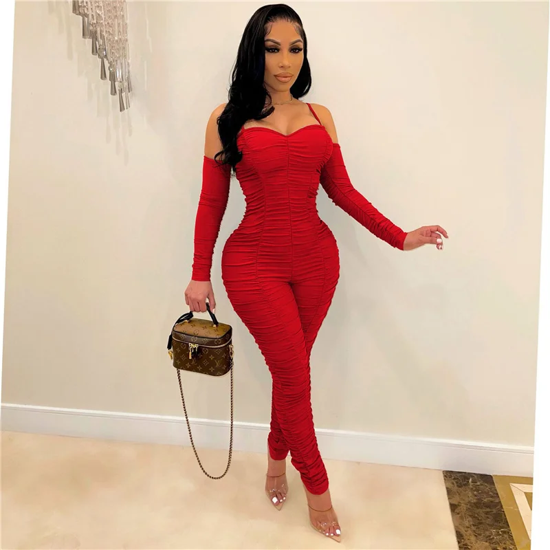 

Sexy Solid Ruched Bodycon Jumpsuit with Sleeve Elegance Night Party Birthday Outfits for Women Rompers Clubwear Macacao Feminino