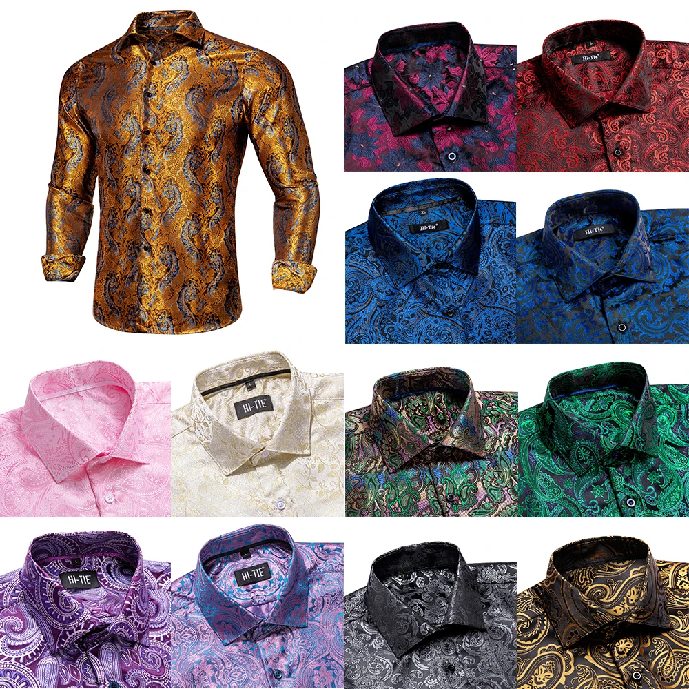 

Novelty Gold Blue Mens Shirts Paisley Silk Long Sleeve Turndown Collar Slim Fit Shirt For Male High Quality Business Gift Hi-Tie