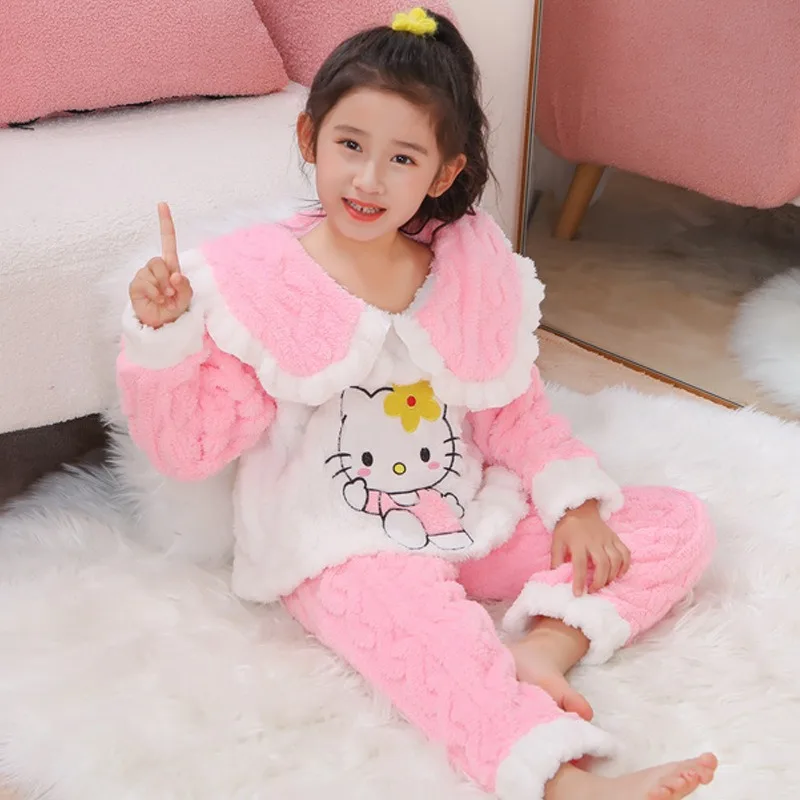 

Sanrio Hello Kitty Kuromi Cinnamoroll Children Warm Pajamas Cartoon My Melody 2023 New Autumn Winter Printed Coral Fleece Pyjama