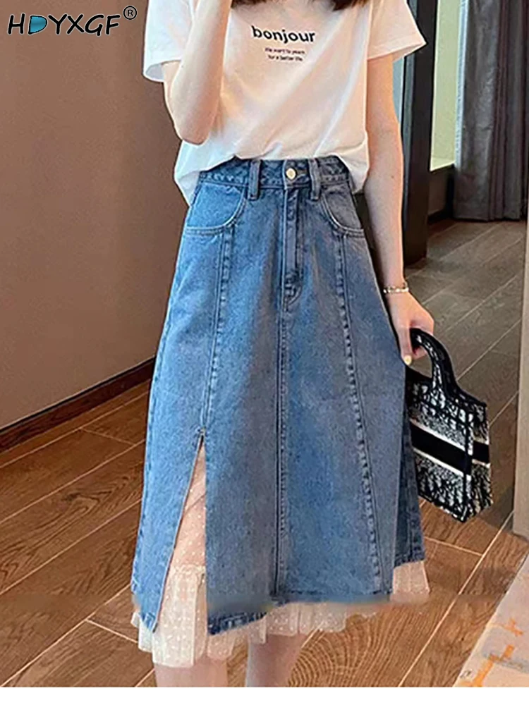 Summer Korean A-Line High Waist Pocket Lace Print Split Loose Denim Skirt Kawaii Fashion Women's Slim All-match Mid-Length Skirt
Summer Korean A-Line High Waist Pocket Lace Print Split Loose Denim Skirt Kawaii Fashion Women's Slim All-match Mid-Length Skirt
