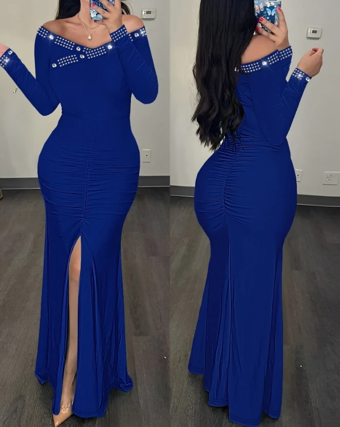 2023 New Women's Rhinestone Off Shoulder Slit Ruched Party Dress Long Sleeve Skinny Appear Thin Fashion Sexy Commuting Style
2023 New Women's Rhinestone Off Shoulder Slit Ruched Party Dress Long Sleeve Skinny Appear Thin Fashion Sexy Commuting Style