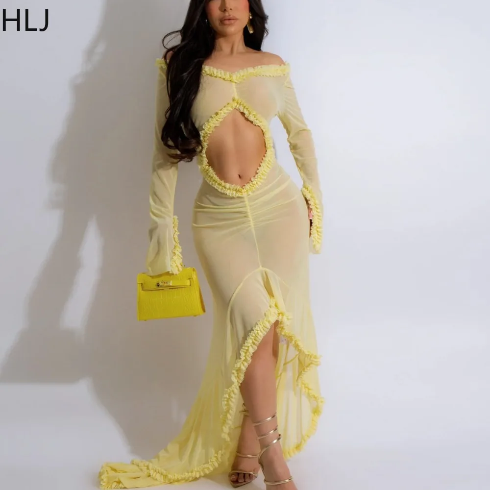 

HLJ Sexy Mesh Perspective Hollow Out Irregular Party Club Dresses Women Off Shoulder Long Sleeve Slim Vestidos Fashion Clothing