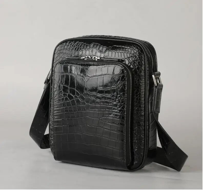 

2023 High end quality 100% genuine real crocodile belly skin men shoulder cross body bag small size zipper closure black color