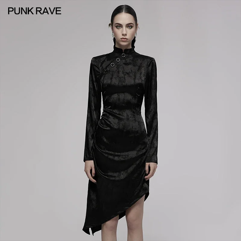 

PUNK RAVE Women's Gothic Pointed Hem Cheongsam Collar Slim Long Dresses Concealed Buckles Jacquard Brocade Folds Black Dress