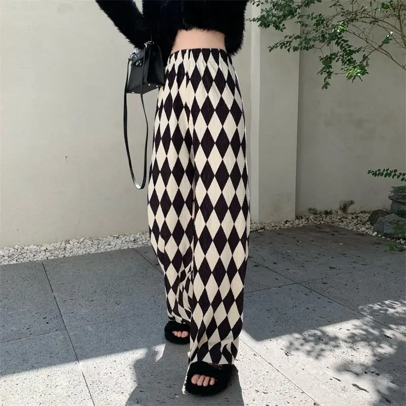 

2023 New Spring and Summer Minimalist Black and White Diamond Checkered High Waist Casual Loose Fashion Pleated Floor Mop Pants