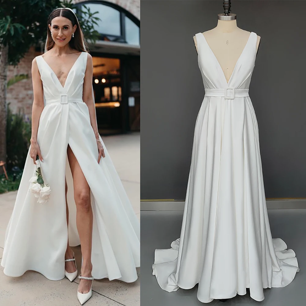 

ТРАПЕЦИЕВИДНОЕ минималистичное атласное свадебное платье с высоким разрезом, индивидуальный пошив, роскошное платье с открытой спиной, рюшами, без рукавов, с V-образным вырезом, простые свадебные платья