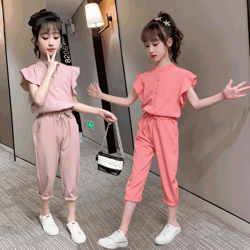 Kids Summer Chiffon Outfits Short Sleeve Tops Cropped Pants Sets for Little Girls Casual Style Children 5 To 14 Years Clothing 
Kids Summer Chiffon Outfits Short Sleeve Tops Cropped Pants Sets for Little Girls Casual Style Children 5 To 14 Years Clothing