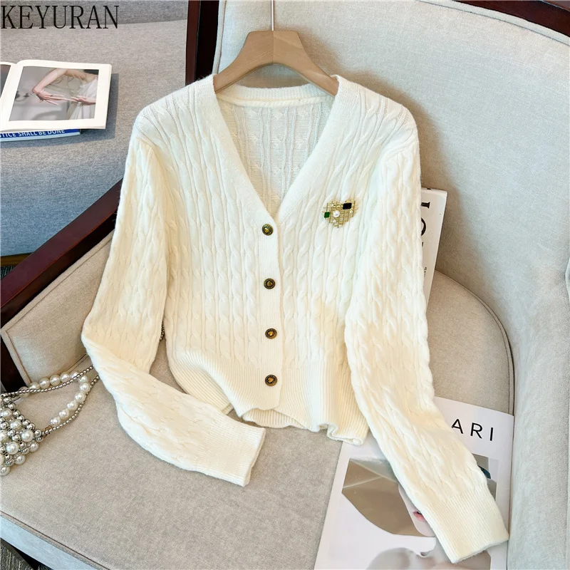 

Korean Apricot V Neck Knitted Cardigan Women Vintage Elegant Twist Sweater Jumper 2023 Autumn Slim Long Sleeve Knitwear Crop Top