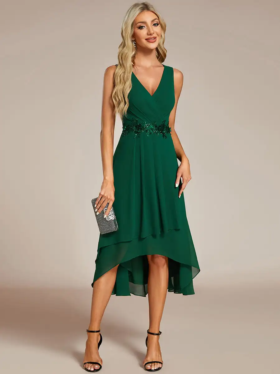 

Elegant Evening Dresses Sleeveless V-Neck High Low with Floral Applique 2024 Ever Pretty of Dark Green Wedding Guest Dress