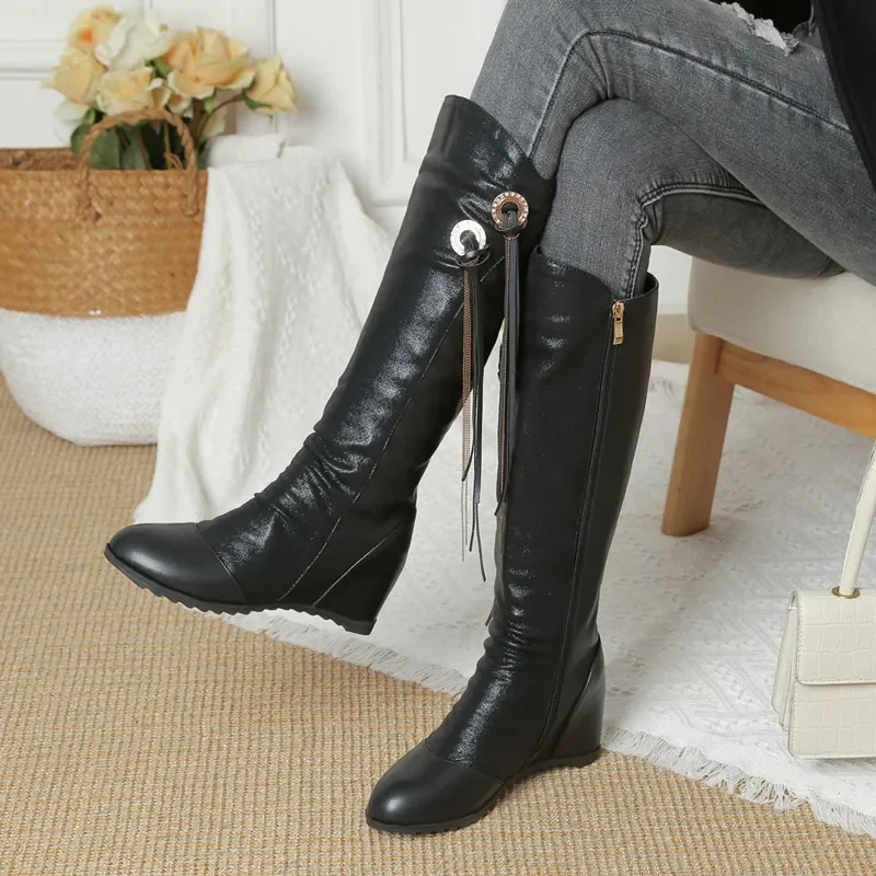 

Cresfimix Botas Femininas Women Classic Round Toe Plus Size High Quality Black Leather Boots Lady Casual Autumn Heel Boots A112b