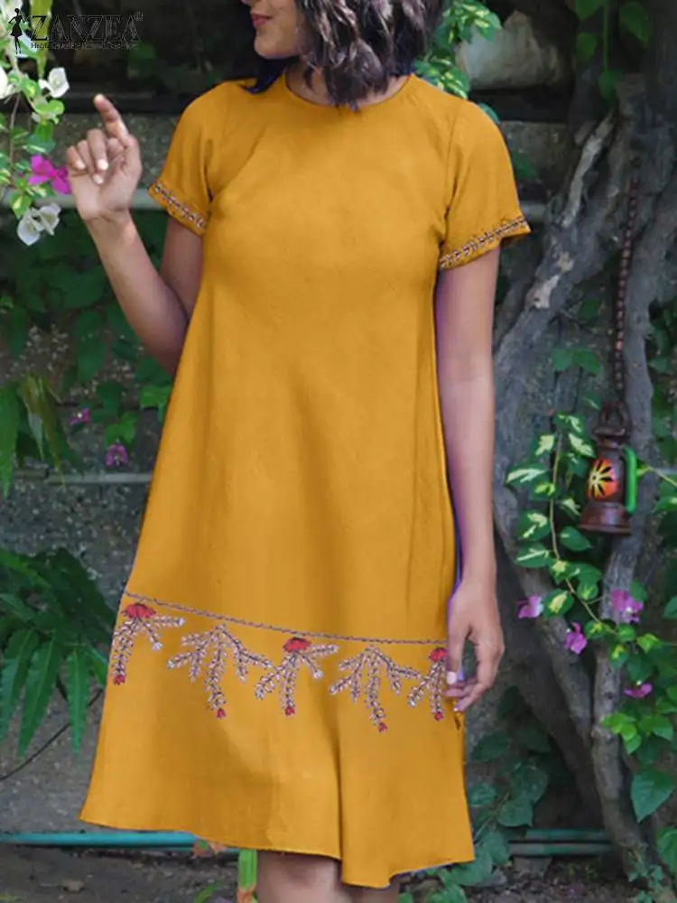

ZANZEA Women Floral Print Long Dress 2024 Summer Short Sleeve Knee Dresses Casual Loose O-neck Robes Holiday Bohemian Sundress
